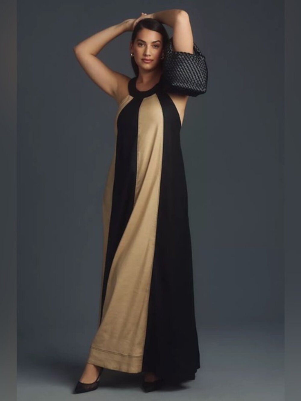Maeve The Ami Linen Halter Maxi Dress Black & Tan 3X